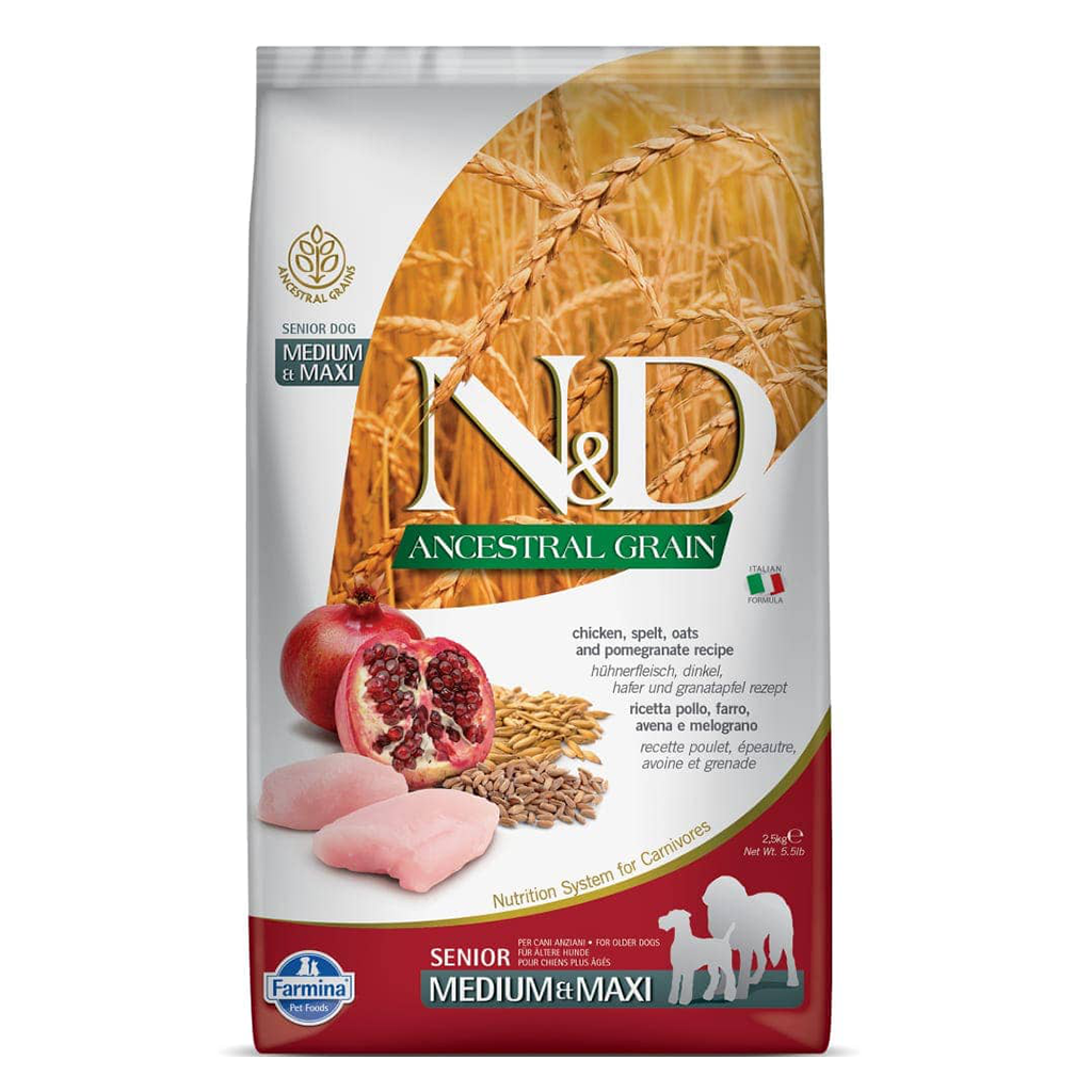 Farmina N&D Ancestral Grain - Chicken & Pomegranate - Senior Adult Dog Dry Food - Medium & Maxi Breed