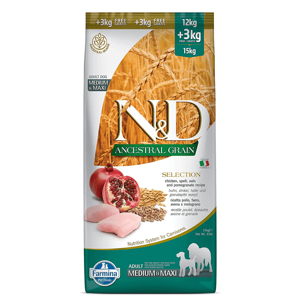 Farmina N&D Ancestral Grain – Chicken & Pomegranate - Selection - Adult Dog Dry Food - Medium & Maxi Breed